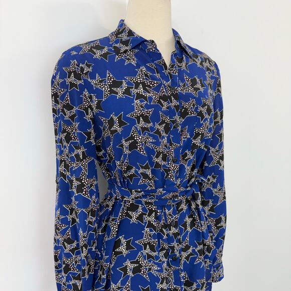 Diane von Furstenberg Prita Silk Button-Down Shirt Mini Dress Blue Star Print 8 - Picture 4 of 12